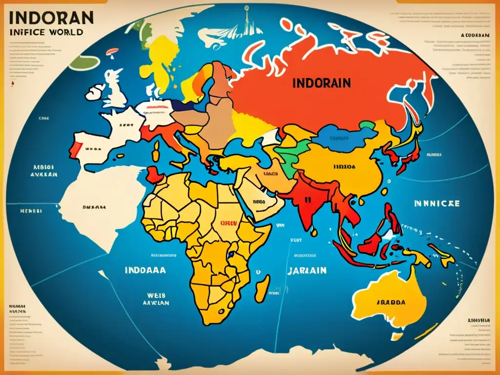 Detalle de un mapa vintage que muestra préstamos lingüísticos entre lenguas IndoArias y otras, con ilustraciones detalladas y colores vibrantes