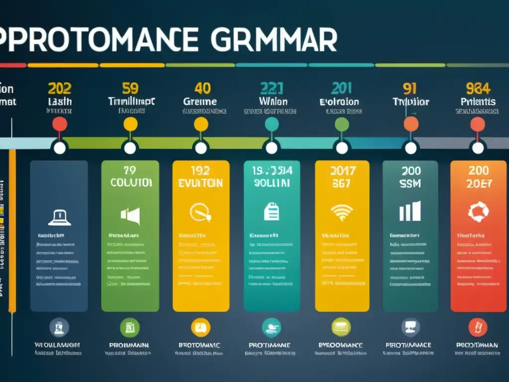 Detalle de la evolución de la gramática ProtoRomance: Origen y evolución en una línea de tiempo colorida y detallada, con ejemplos lingüísticos
