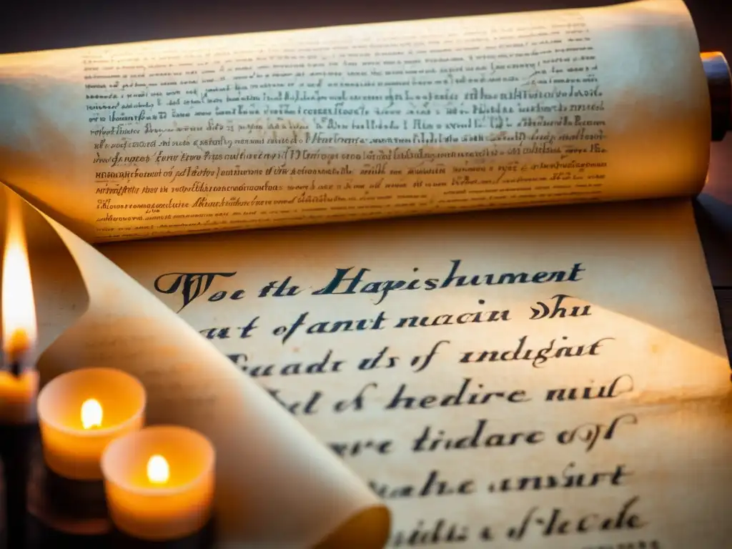 Pergamino antiguo iluminado por velas Detalle de pergamino antiguo iluminado por velas, desafíos traducción textos antiguos software