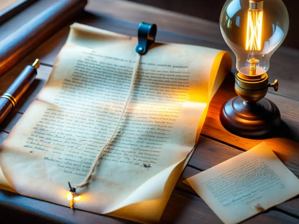 Pergamino antiguo iluminado por lámpara de escritorio Detalle de pergamino antiguo iluminado por lámpara vintage, rodeado de plumas y tinteros, evocando desafíos traducción textos antiguos software
