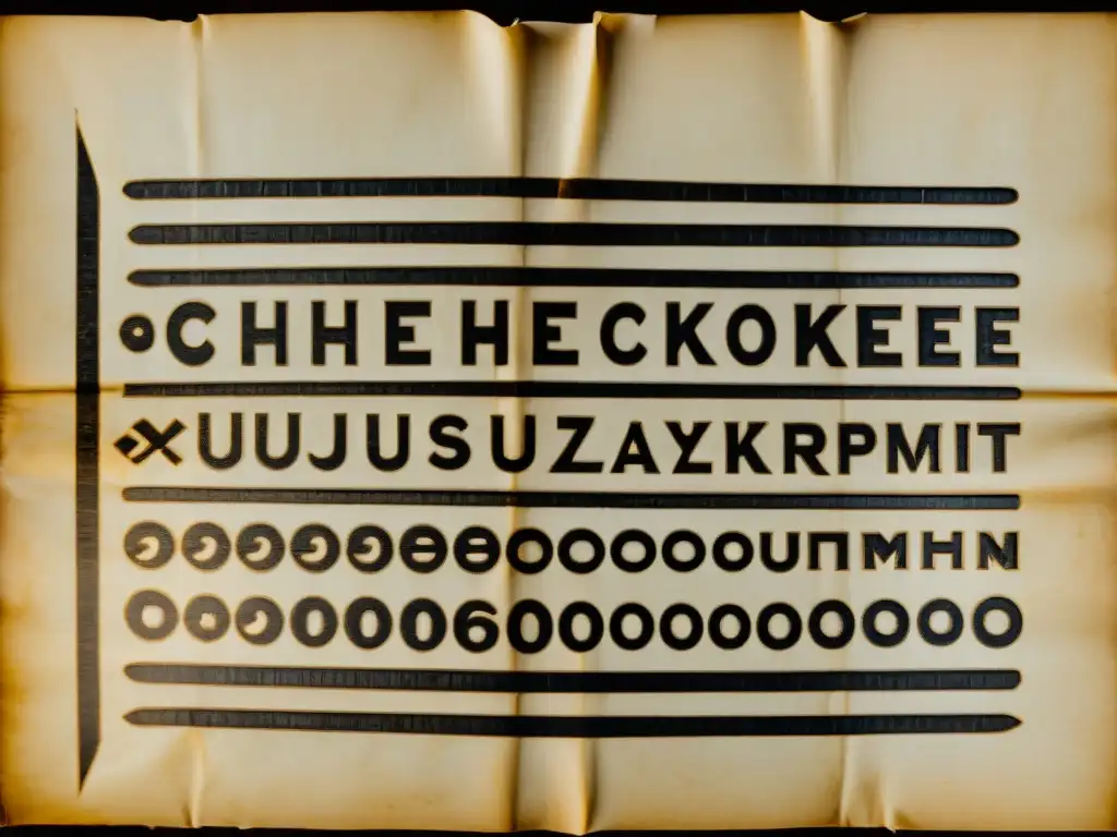 Detalle de pergamino envejecido con escritura Cherokee, evocando los orígenes de la escritura y el análisis lingüístico