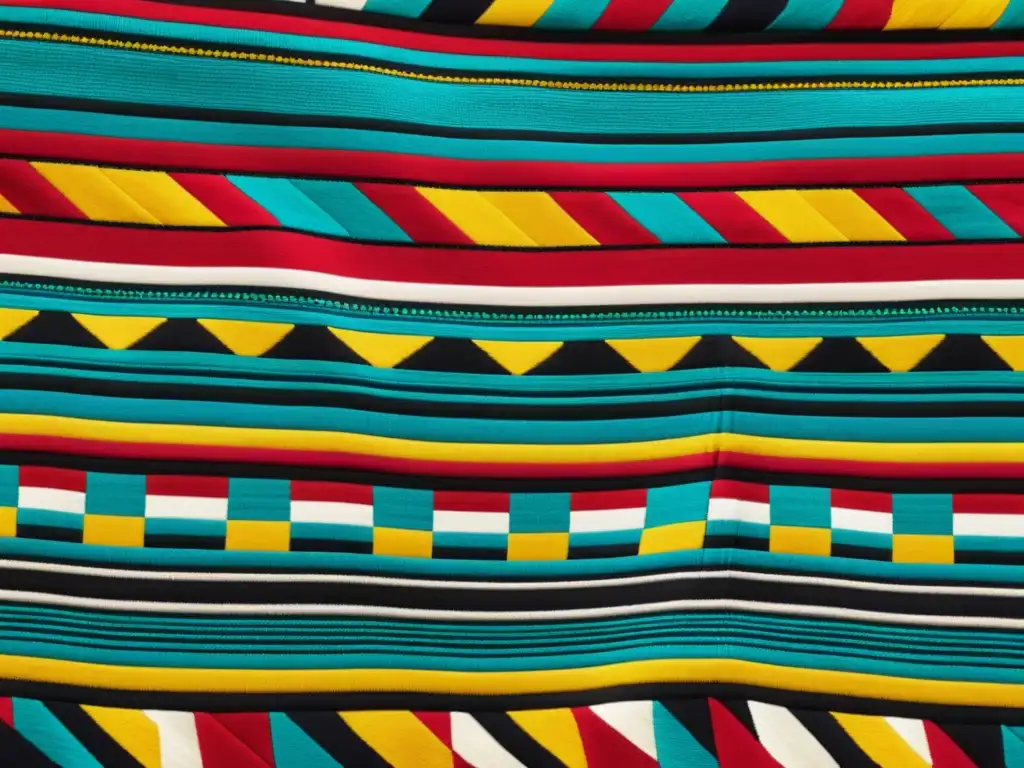 Detalle de diseño textil sudamericano que muestra la influencia de lenguas indígenas en sus patrones y colores vibrantes