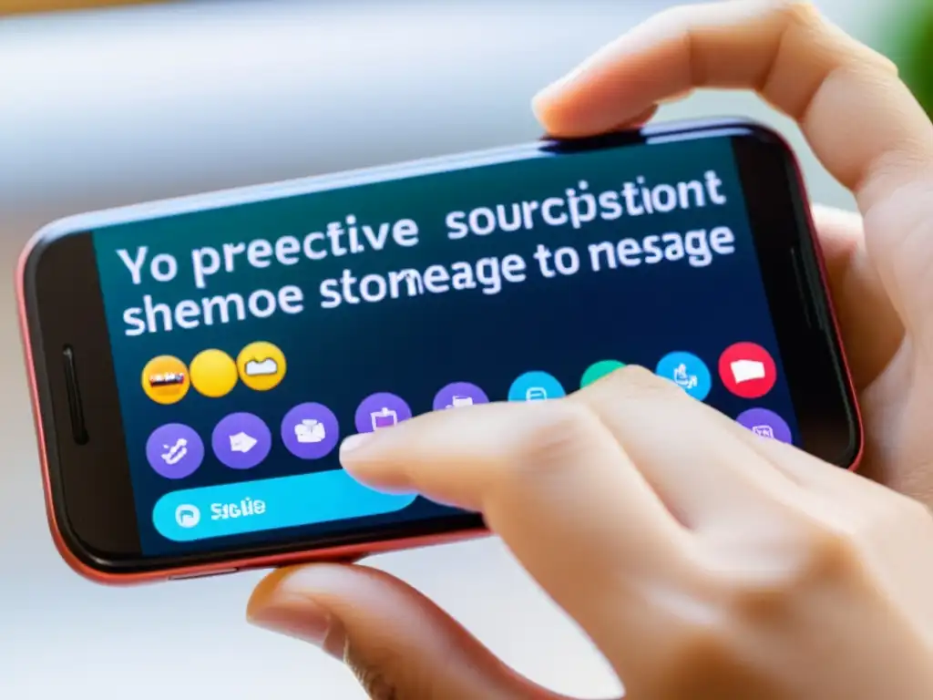 Detalle vibrante de pantalla de smartphone con sugerencias de texto, reflejo de dedos y emojis, mostrando el impacto del autocorrector en lenguaje