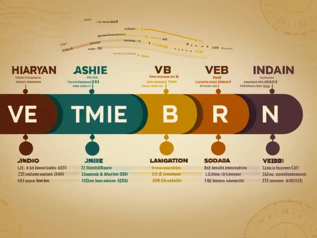 Detalle vintage de la evolución y coherencia temporal en lenguas IndoArias, con distintos verbos y colores únicos
