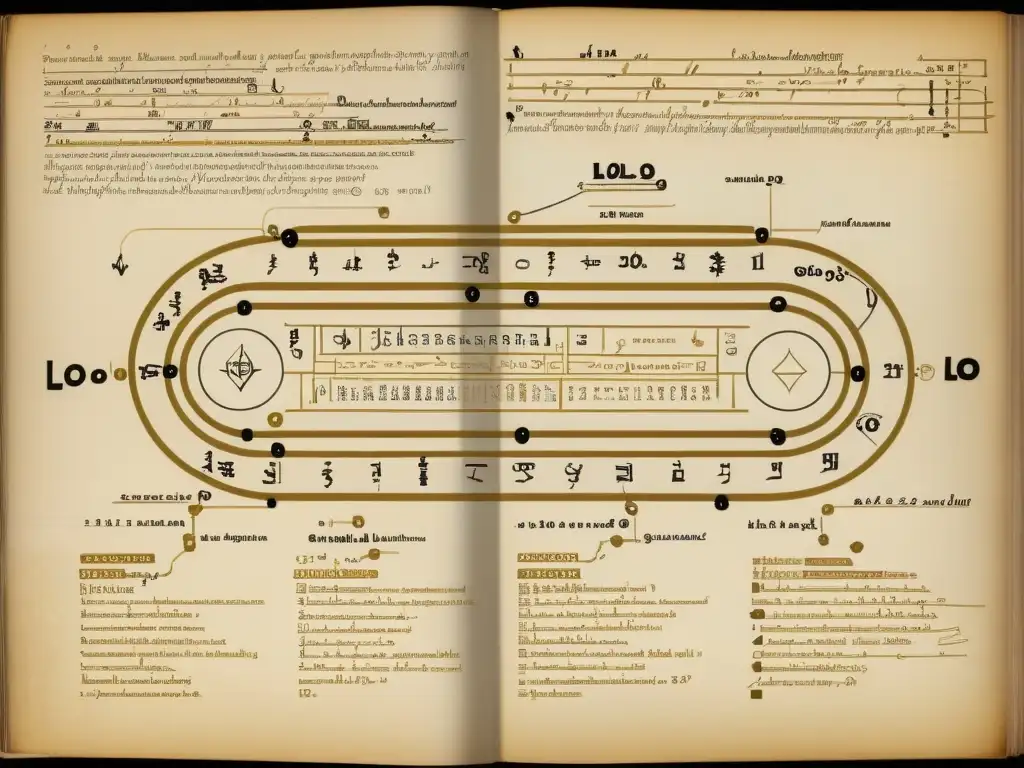 Detalle vintage de la estructura gramatical del idioma lolo, con símbolos y notas manuscritas en tonos terrosos