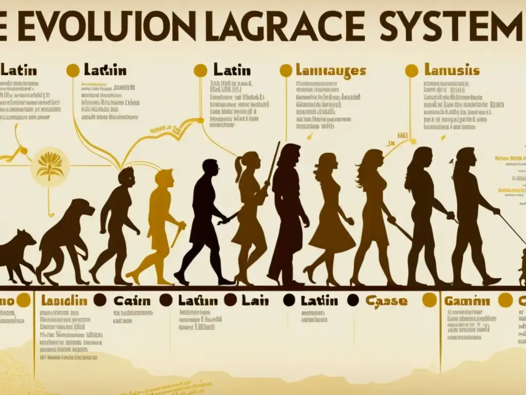 Detalle vintage de la evolución del latín a lenguas romances, mostrando la desaparición del sistema casuístico