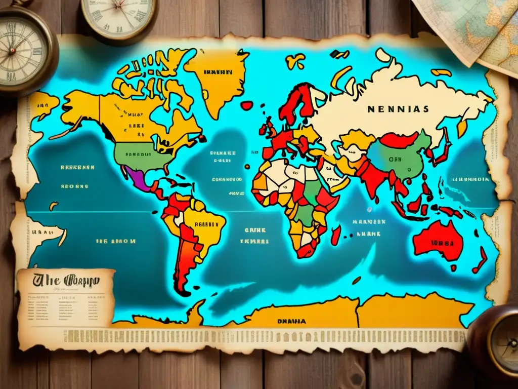 Detalles de un antiguo mapa desplegado sobre una mesa de madera envejecida, con colores desvaídos y caligrafía delicada