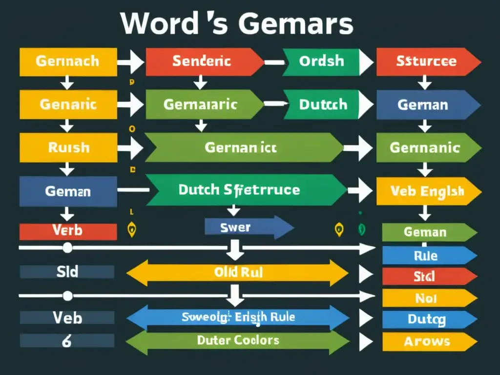 Diagrama detallado de la orden y sintaxis en lenguas germánicas, incluyendo el inglés antiguo, alemán, holandés y sueco