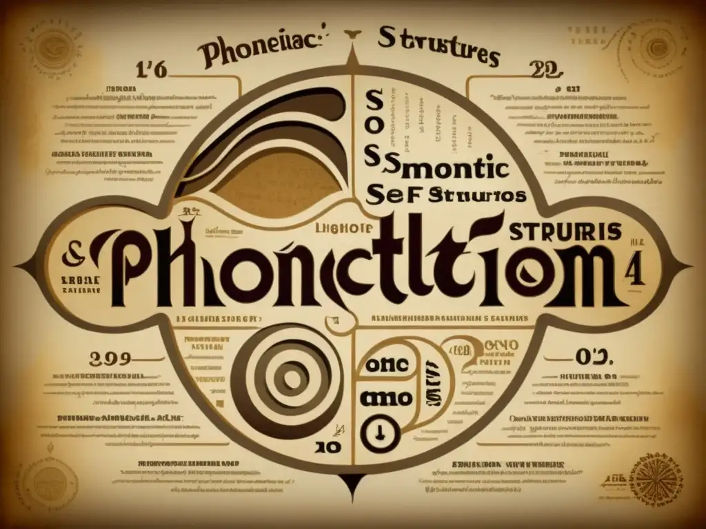 Un diagrama lingüístico vintage con símbolos fonéticos y estructuras de lenguaje en tonos sepia