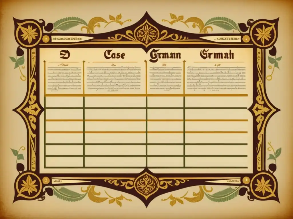 Un diagrama vintage detallado sobre el funcionamiento de casos y declinaciones en alemán, con caligrafía intrincada y bordes decorativos