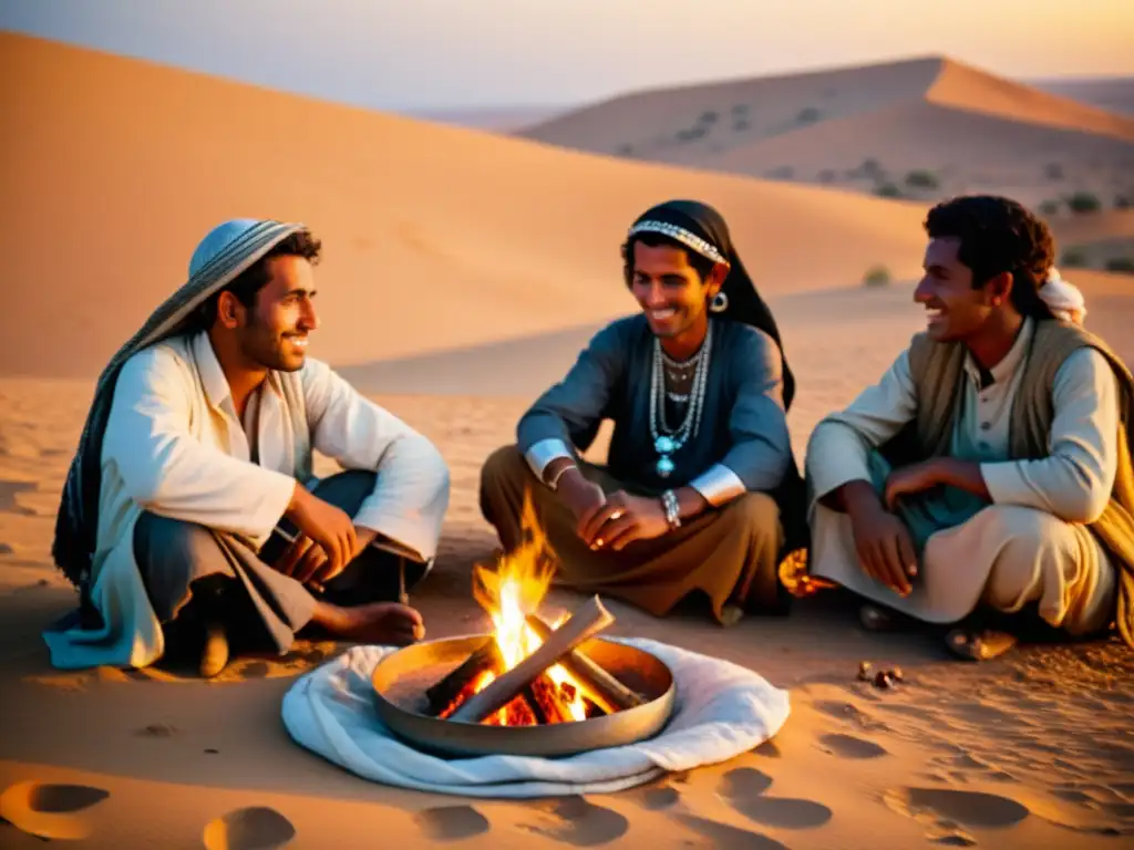 Dialectos beduinos cultura árabe: Fotografía vintage de beduinos alrededor de una fogata en el desierto, con textiles y cerámica árabe