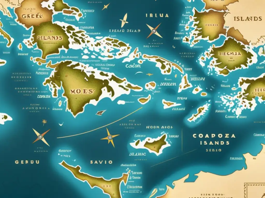 Dialectos del griego moderno en islas: Mapa vintage detallado con caligrafía griega, tonos sepia que evocan historia y ornamentos náuticos