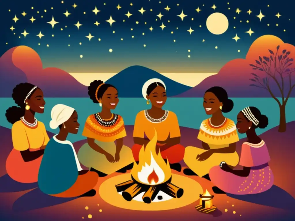 Un dibujo vintage de Mujeres Bantú contando historias alrededor del fuego, reflejando la rica tradición literaria