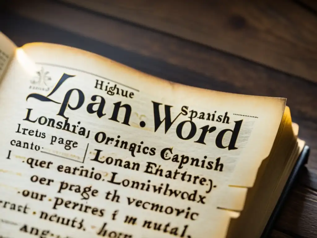 Un diccionario antiguo en español abierto en una página sobre préstamos lingüísticos, con una atmósfera cálida y nostálgica