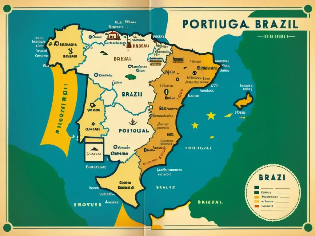 Diferencias entre portugués europeo y brasileño: Mapa vintage detallado con anotaciones y símbolos, evocando exploración histórica