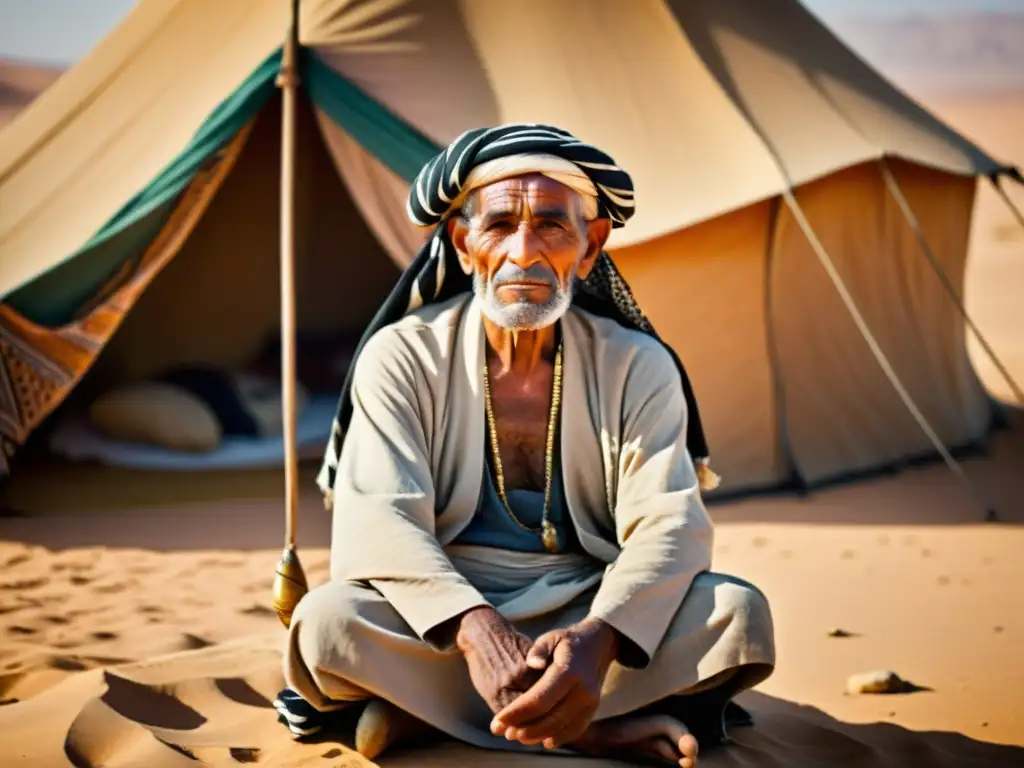 Digno anciano beduino en el desierto con atuendo tradicional, reflejando la rica cultura árabe de los dialectos beduinos