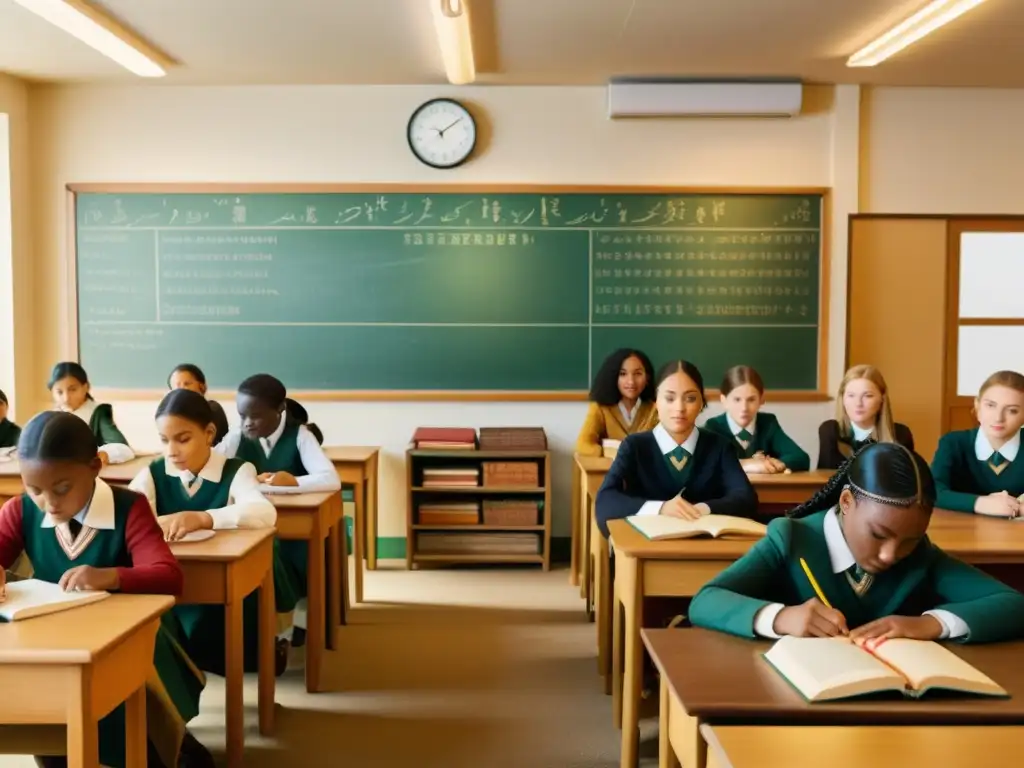 Diversidad cultural en actitudes lingüísticas: Imagen 8k detallada de aula vintage con estudiantes diversos participando en una lección de idiomas