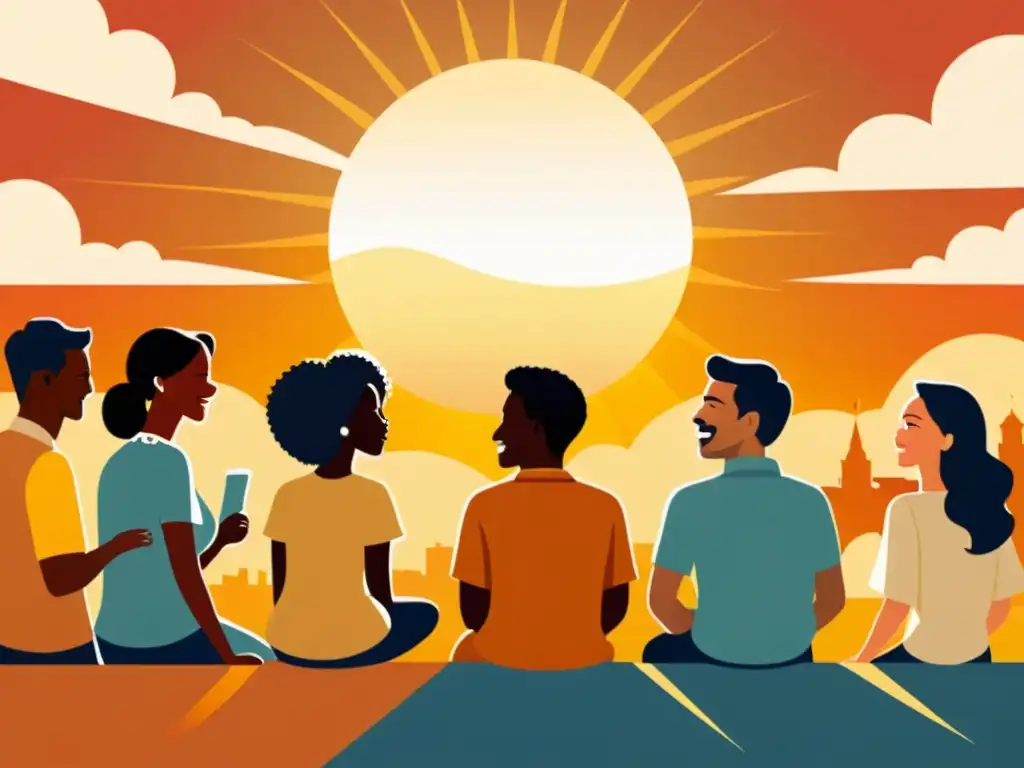Conversación multicultural al atardecer en inglés Diversidad cultural en una animada conversación en inglés al atardecer, evocando los beneficios del inglés como segunda lengua