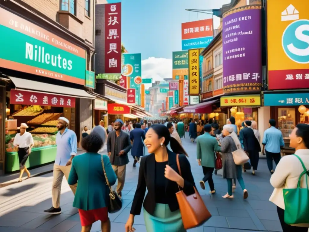 Diversidad cultural en una bulliciosa calle de la ciudad, con gente de distintos orígenes y dialectos en animadas conversaciones y risas