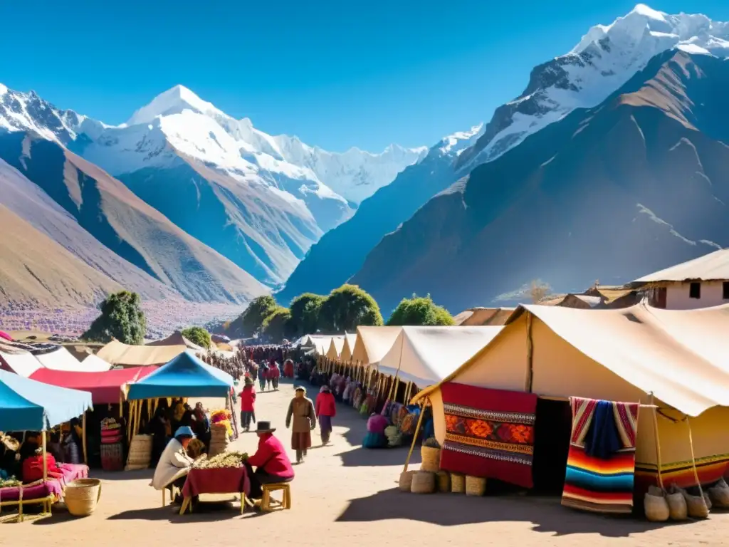 Diversidad lingüística en los Andes: Mercado andino vibrante con textiles coloridos y artesanías, rodeado de montañas nevadas y cielo azul