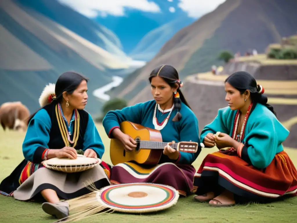 Diversidad lingüística en los Andes: Fotografía vintage de indígenas andinos en actividades culturales, luciendo trajes tradicionales y el paisaje andino de fondo