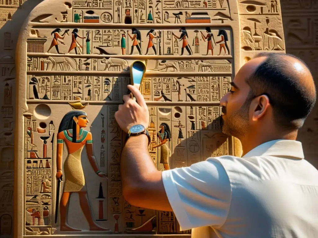 Un egiptólogo decodifica jeroglíficos en una estela egipcia antigua, destacando la intensa concentración y el misterio del pasado de Egipto