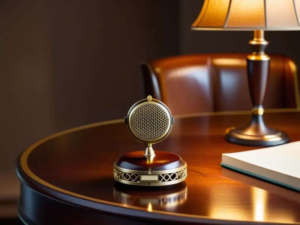 Un elegante micrófono vintage con detalles dorados sobre un escritorio de caoba, iluminado por una lámpara cálida