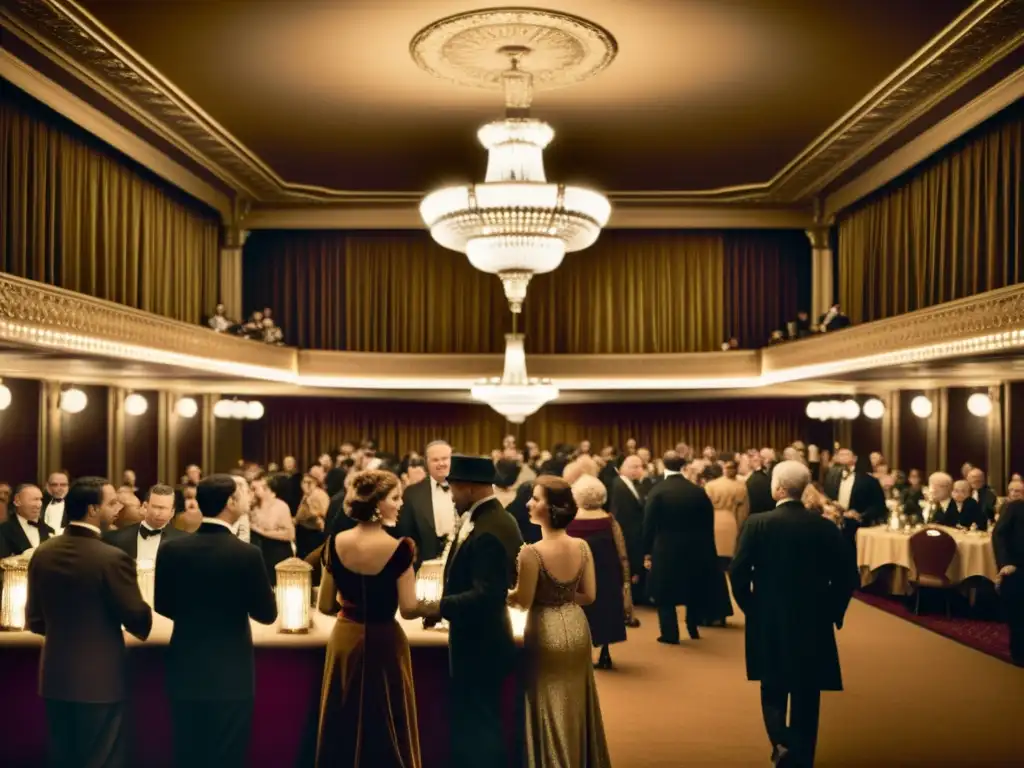 Una elegante multitud en el lobby teatral de antaño, con chandeliers y cortinas de terciopelo