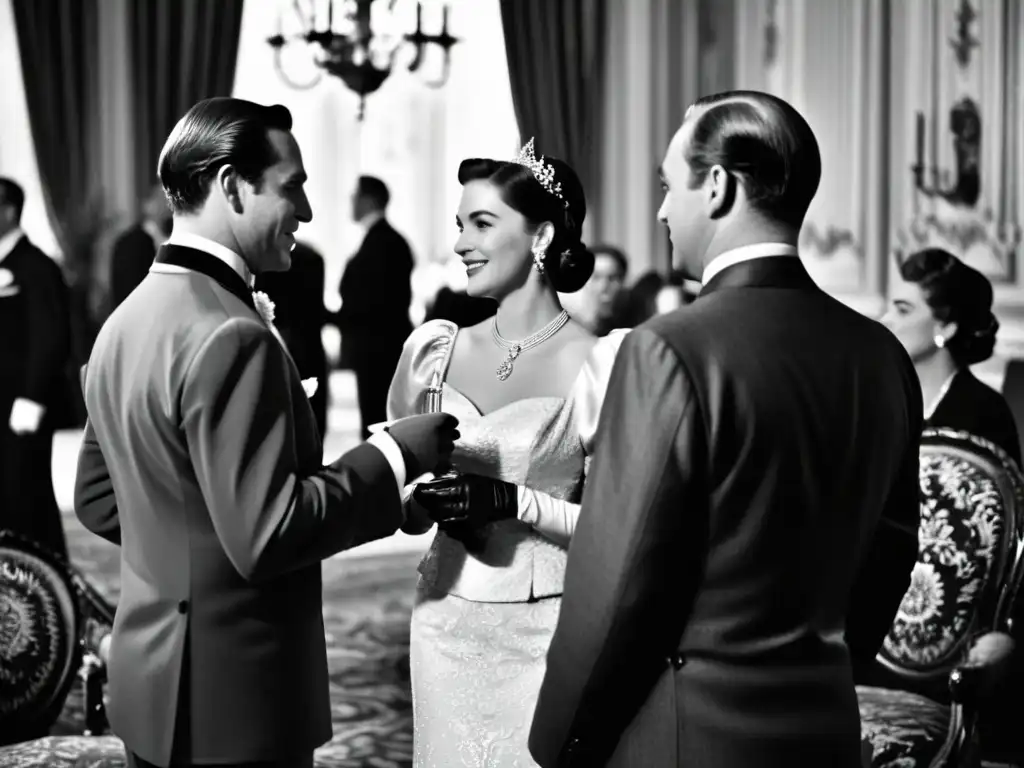 Una elegante pareja conversa en un evento social formal