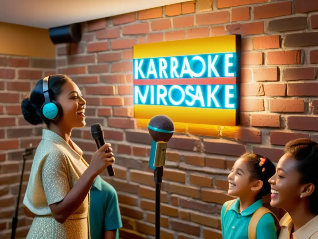 Un emocionante karaoke multilingüe ilumina la pared de ladrillo, mientras diverso grupo aprende idiomas