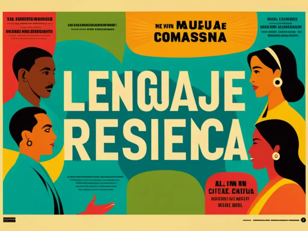 Un emotivo póster vintage muestra una animada conversación entre personas diversas, con la frase 'Lenguaje como Resistencia'