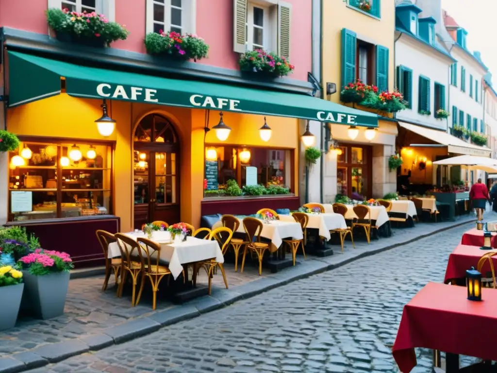 Encantador café en una ciudad europea concurrida, calles empedradas, farolas vintage y lugareños conversando