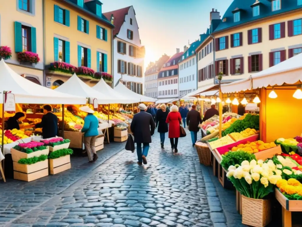 Un encantador mercado callejero en una ciudad europea, con puestos coloridos y edificios históricos