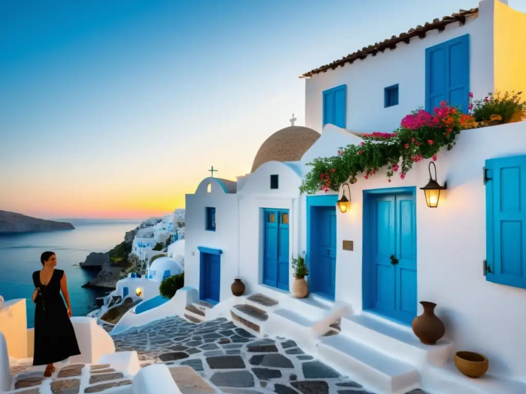 Encantador pueblo griego con calles empedradas, casas blancas y puertas azules