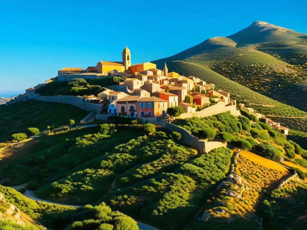 Un encantador pueblo sardo, lengua romance en riesgo, entre colinas, casas coloridas y cielo azul