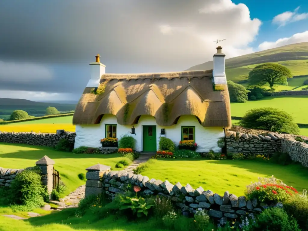 Encantadora casa irlandesa con techo de paja y paredes de piedra en paisaje verde salpicado de flores silvestres, bañado por cálida luz