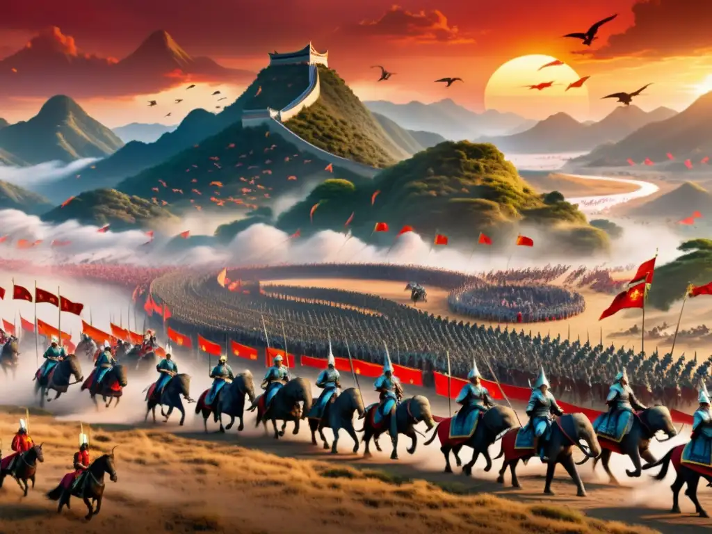 Épica batalla en la antigua China con miles de soldados detallados, elefantes de guerra y un atardecer rojo sangre