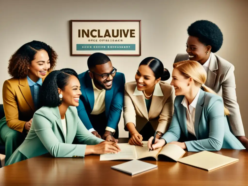 Equipo diverso trabaja en oficina inclusiva, rompiendo prejuicios lingüísticos en el trabajo