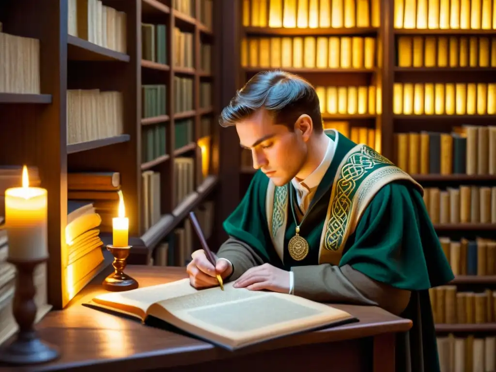 Un erudito celta estudia manuscritos antiguos rodeado de libros y pergaminos, inmerso en la evolución distintiva de la fonología celta