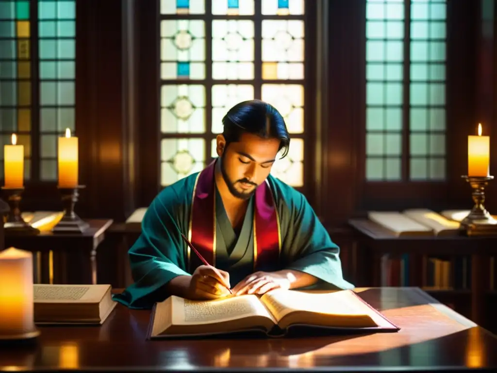 Un erudito traduce con cuidado un antiguo manuscrito sánscrito en una biblioteca ornamentada, preservación literatura IndoAria mediante traducción