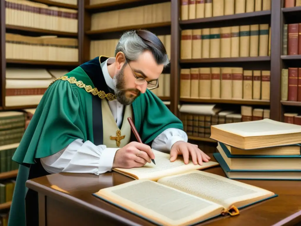 Un erudito del idioma galés estudia antiguos manuscritos en un ambiente académico e histórico