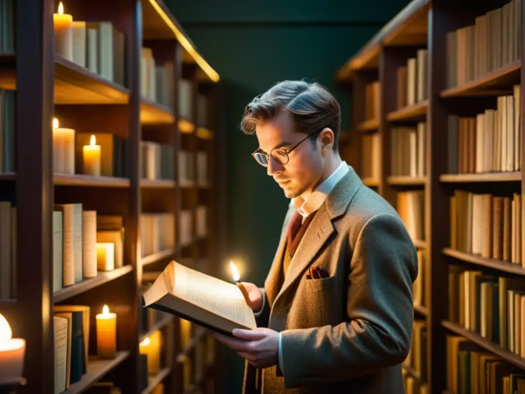 Un erudito lingüista compara manuscritos de gramática celta e indoeuropea en una biblioteca tenue