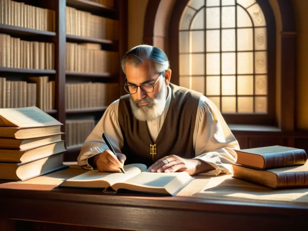 Un erudito estudia gramática semítica rodeado de libros y pergaminos antiguos, con luz entrando por la ventana