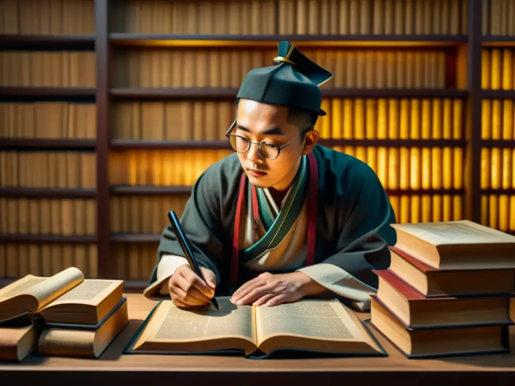 Un erudito examina símbolos fonéticos chinos antiguos entre libros y pergaminos, con iluminación tenue y cálida