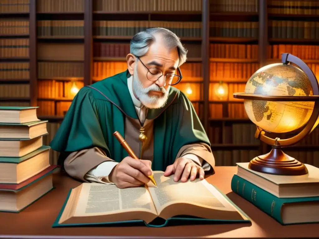 Un erudito examina textos antiguos y globos con una lupa, rodeado de una cálida iluminación sepia que evoca sabiduría atemporal