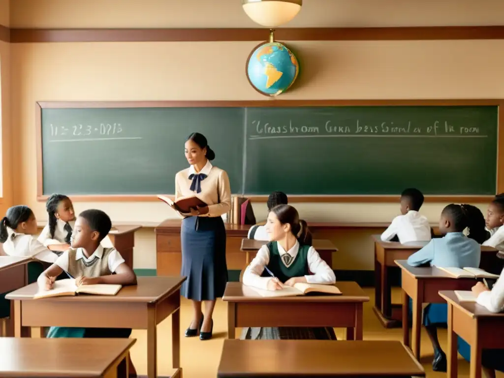 Una ilustración vintage de una escena de aula, con estudiantes debatiendo en sus pupitres y un profesor escribiendo en la pizarra