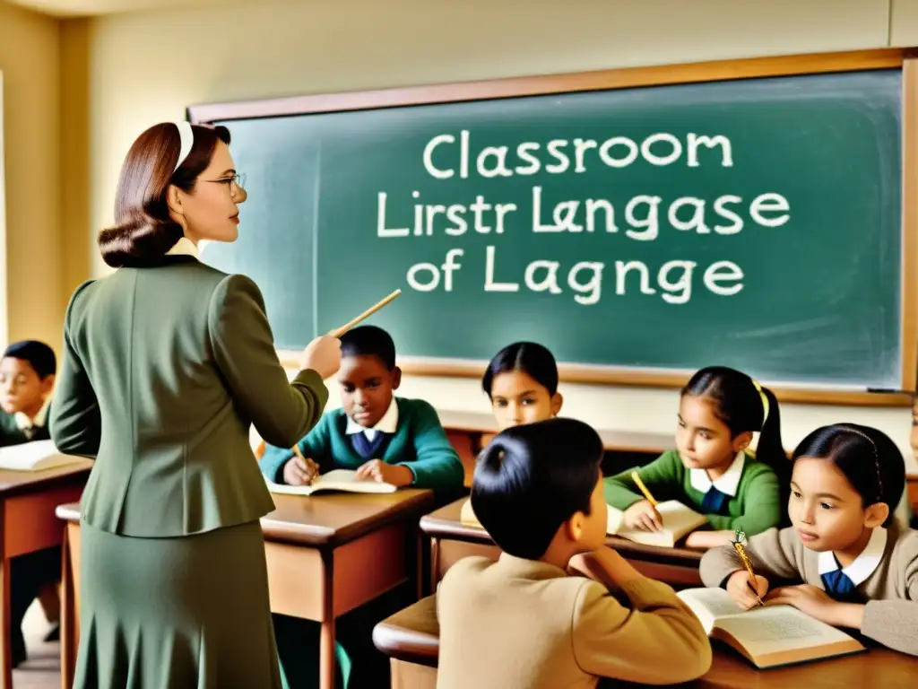 Clase de idiomas vintage con profesora y alumnos Una ilustración vintage de una escena de aula con una maestra enseñando estrategias de enseñanza de segundas lenguas a un grupo diverso de estudiantes