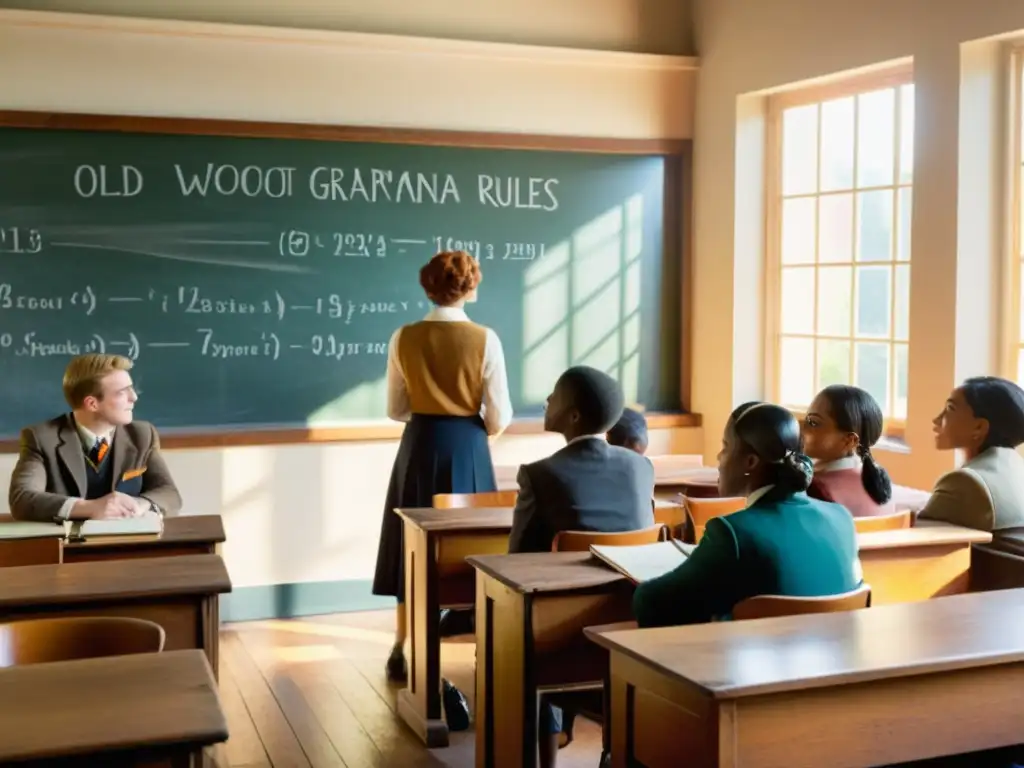 Escena de aula vintage con estudiantes aprendiendo idiomas mientras la IA transforma la educación tradicional