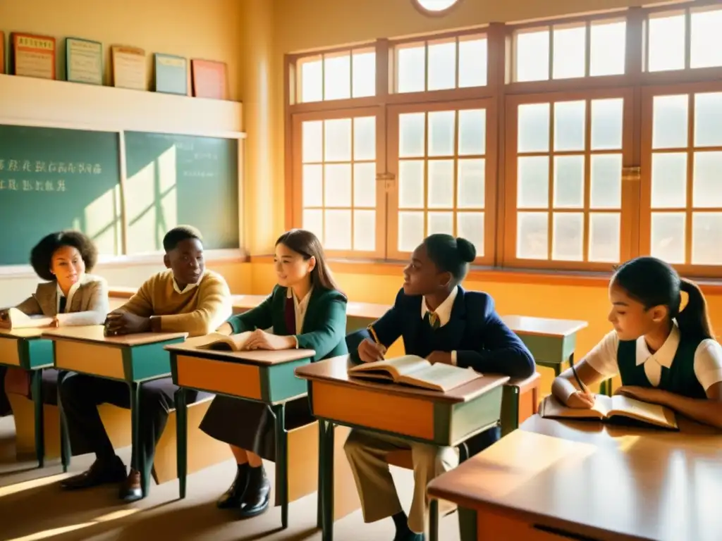 Una escena de aula vintage con estudiantes de diferentes razas inmersos en actividades de aprendizaje de idiomas