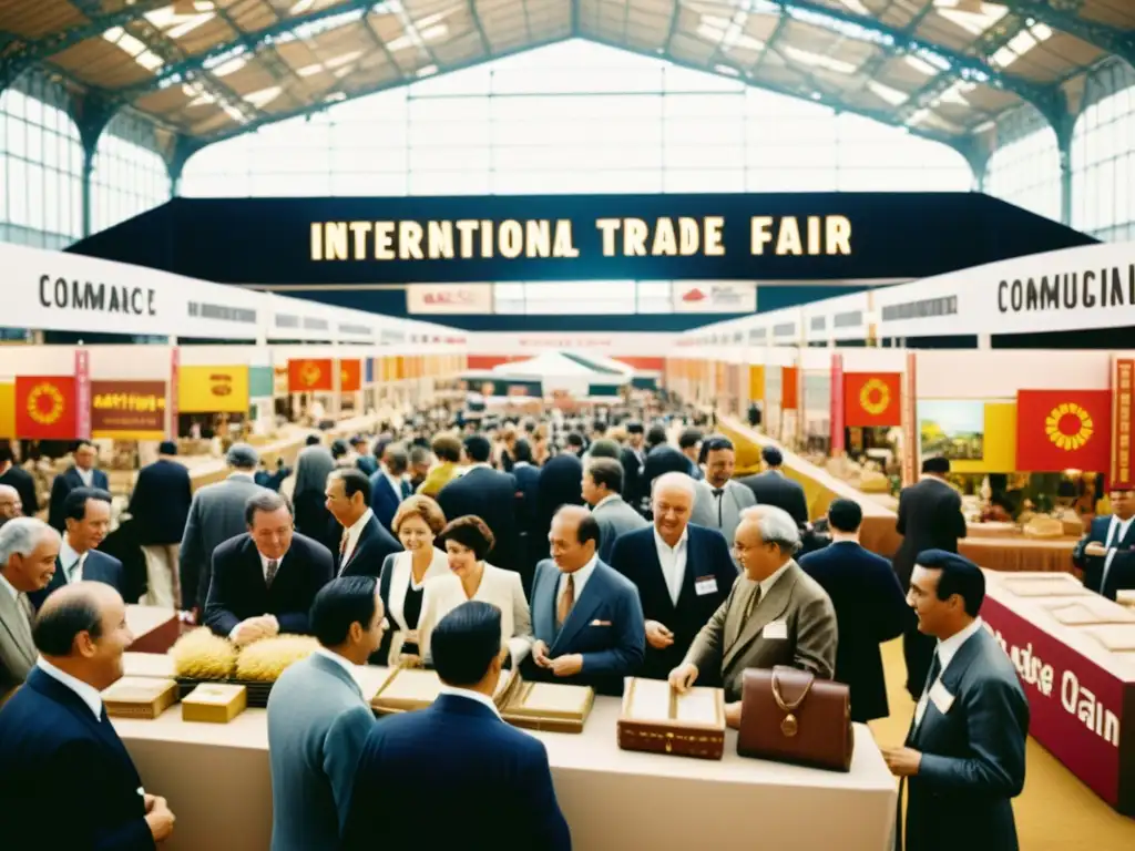 Escena bulliciosa de feria comercial internacional, destacando la importancia del inglés en negocios internacionales